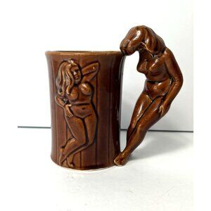 Vintage W.N. Co Japan Ceramic Mug Nude Pin-Up Girl Handle Relief Brown Tiki
